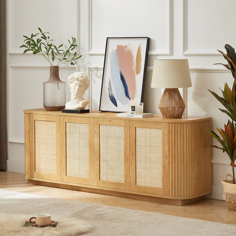 64-inch wave shaped TV stand, rounded corner sideboard, storage cabinet, buffet, wood vertical striped cabinet with rattan doors