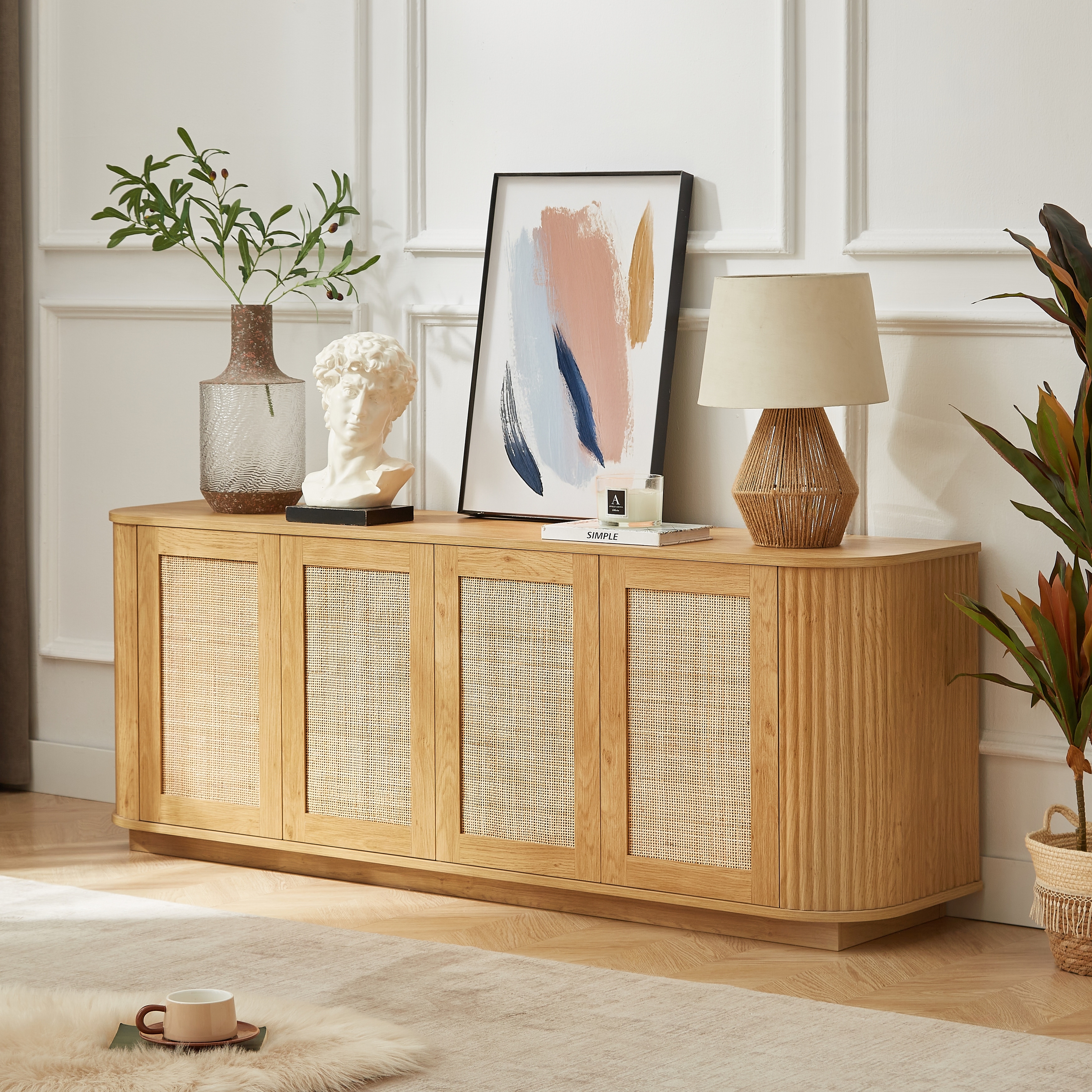 Multi-Functional Sideboard with Rattan Doors, Entryway Cabinet TV Stand Accent Cabinet Buffet Cabinet