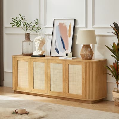Wood Vertical Striped Buffet Cabinet with Rattan Doors, Wave Shaped Storage Cabinet TV Stand, Rounded Corner Sideboard