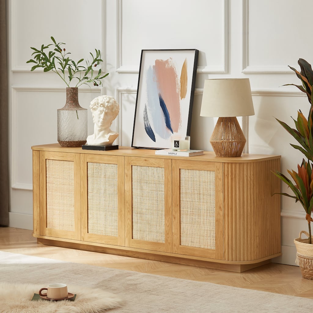 Wood Vertical Striped Buffet Cabinet with Rattan Doors, Wave Shaped Storage Cabinet TV Stand, Rounded Corner Sideboard