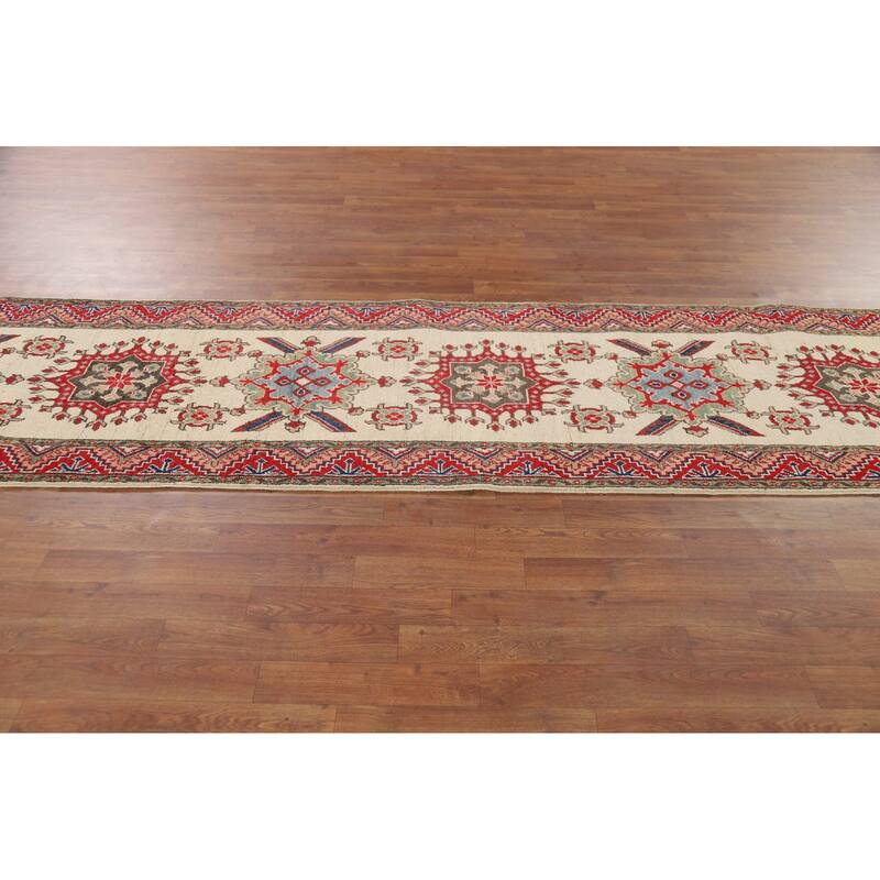 Hand Knotted Oriental 100% Wool Carpet Traditional Geometric Beige & Ivories Kazak Runner Rug - 12' 8'' X 2' 9''