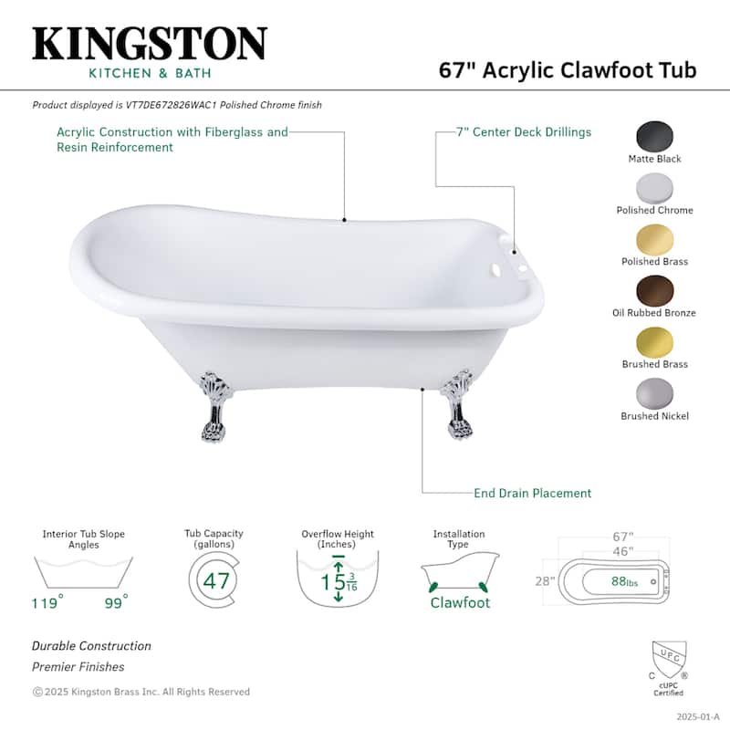 Aqua Eden VT7DE672826WAC0 67" Acrylic Classic Flat-Rim Single Slipper Clawfoot Tub (7" Faucet Drillings)