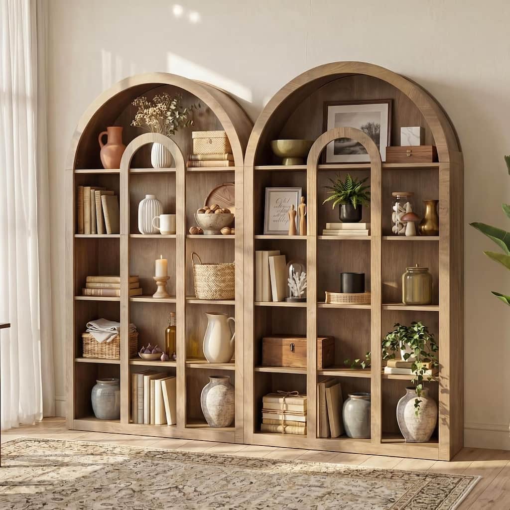 71-Inch Tall Arched Bookshelf with Open Shelves for Living Room, Office, Bedroom