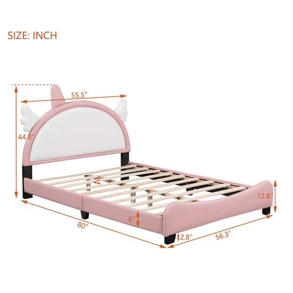 dimension image slide 1 of 3, Unicorn Shape Headboard Platform Bed Frame with Small Wings, PU Upholstered Panel Bed, Wood Low Profile Bed for Girls Kids
