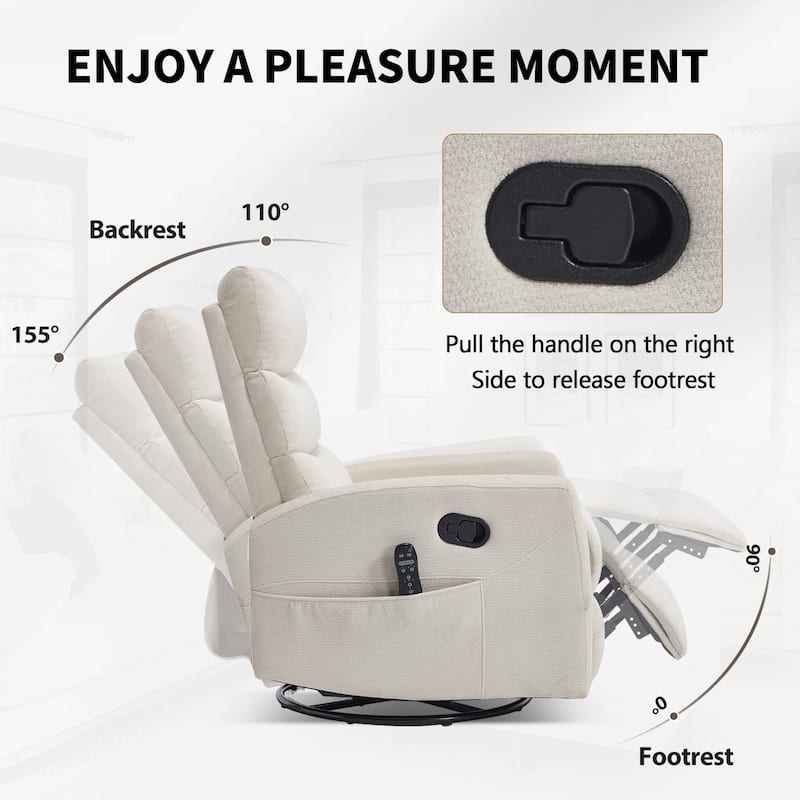 Heat Massage Manual Recliner Chair with Rocker and Swivel in Fabric for Living Room