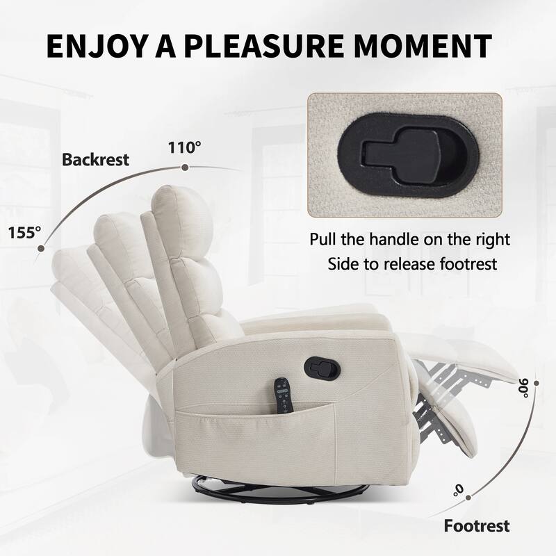 Manual Recliner Chair with Heat & Massage, Fabric Upholstered Glider Recliner Chair, Swivel Recliner Chair with Side Pockets