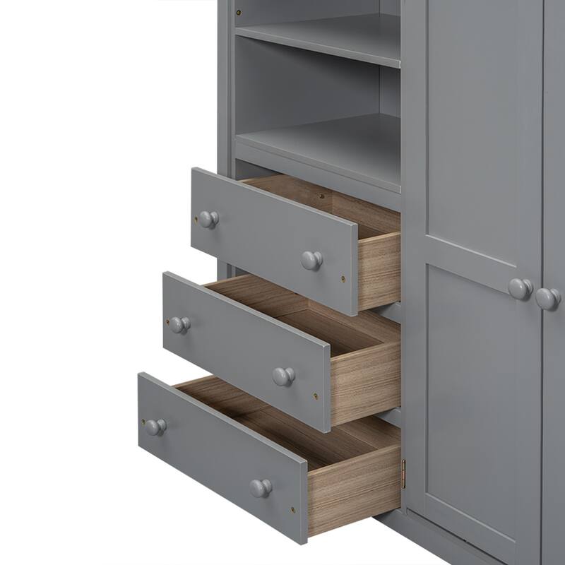 Full Size Loft Bed with Built-in Wardrobe, Desk, Storage Shelves and Drawers, Gray