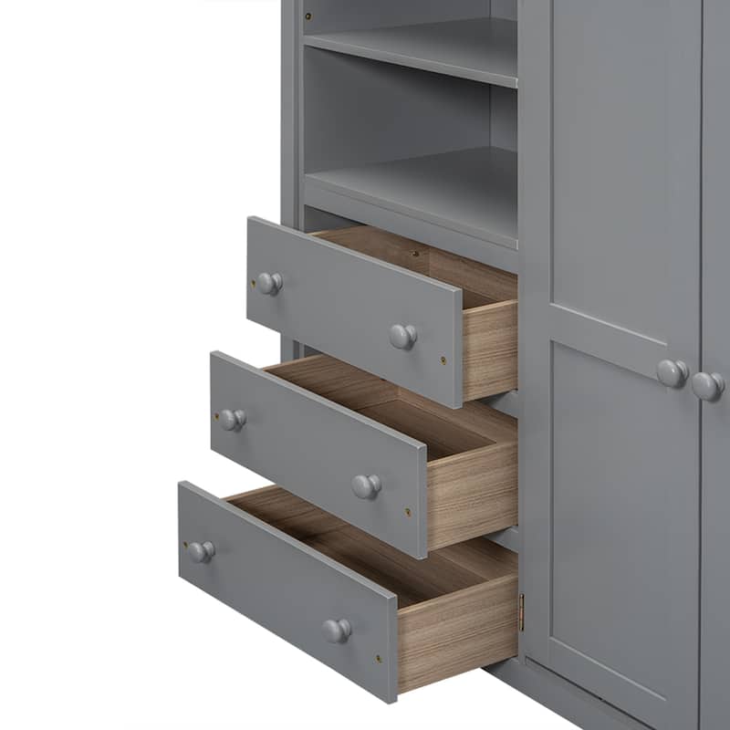 Full Size Solid Wood Loft Bed with Built-in Wardrobe, Desk, Storage Shelves and Drawers
