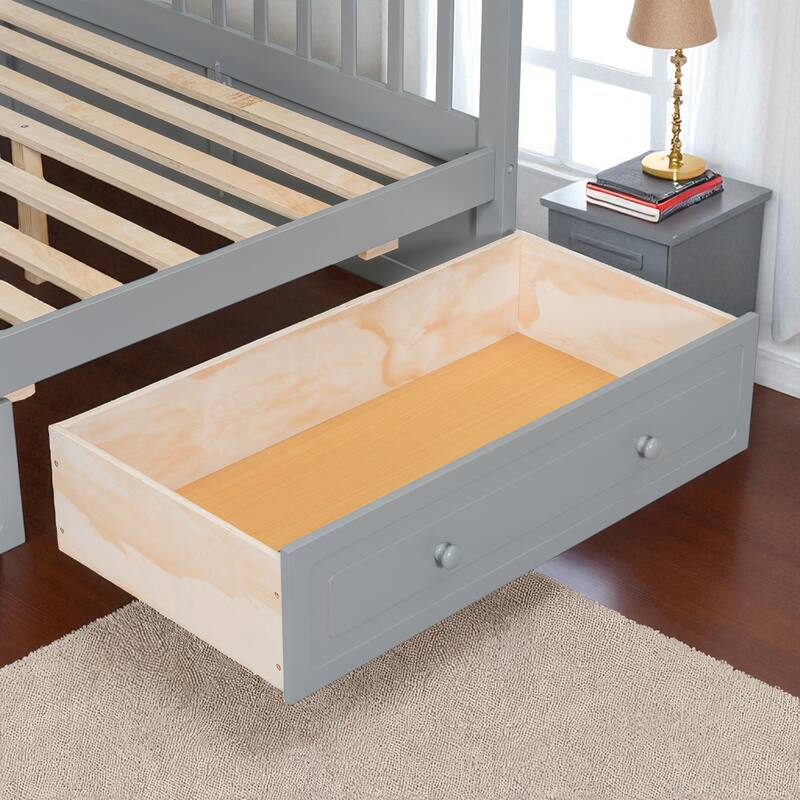 Twin over Full Bunk Bed with Drawers, Convertible to 2 Beds, Pine/MDF, Staircase & Guardrails, 79.7 x 57.5 x 61.2 in