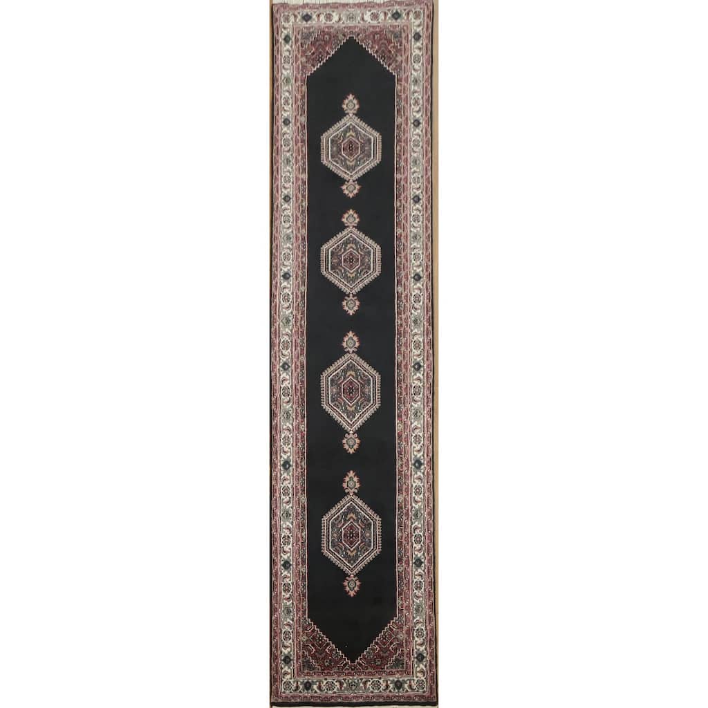 Hand Knotted Oriental 100% Wool Carpet Traditional Geometric Black Bidjar Runner Rug - 10' 2'' X 2' 5''