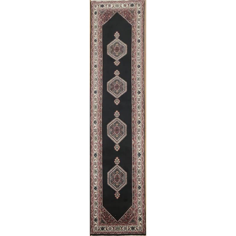 Hand Knotted Oriental 100% Wool Carpet Traditional Geometric Black Bidjar Runner Rug - 10' 2'' X 2' 5''
