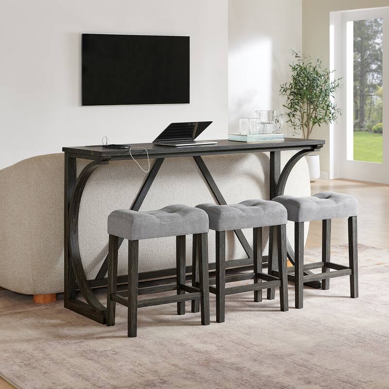 59" Bar Table Set with Power Outlet, Industrial Breakfast Table with 3 Stools, 4 Piece Counter Height Bar Table and Chair Set