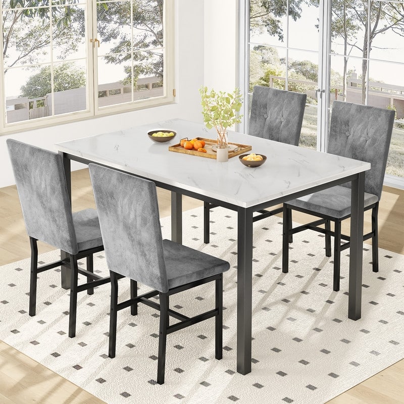 Grondin Modern Style 5 Pieces Dining Table Set For 4, Faux Marble Dining Room Table Set With 4 Upholstered Dining Chairs