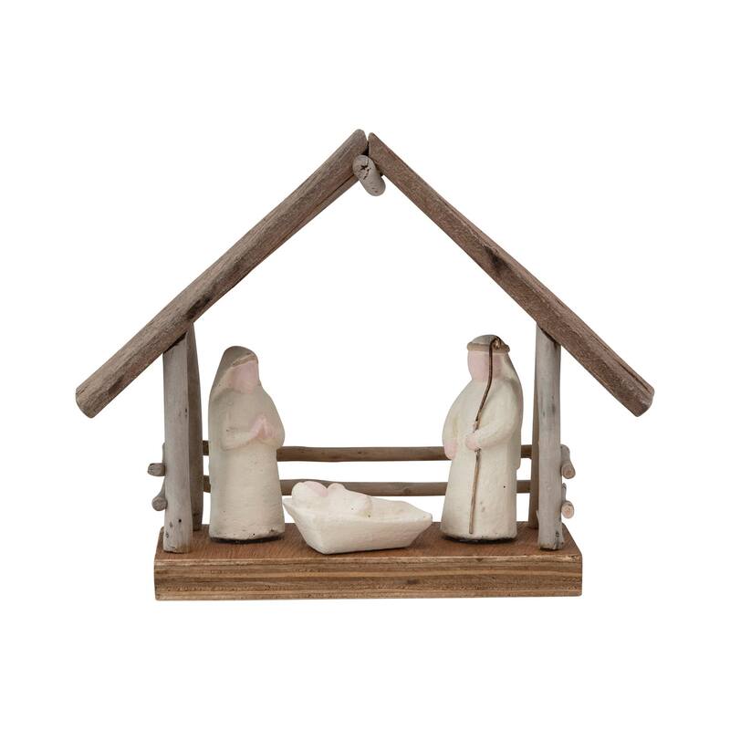 Handmade Driftwood and Paper Mache Nativity with Wood Base - Natural