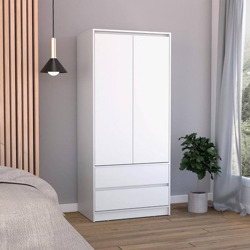 Stylish Wardrobe Closet Armoire with Double Doors for Bedroom, 2 Drawers, and Hanging Rod - Space-Saving Design - White