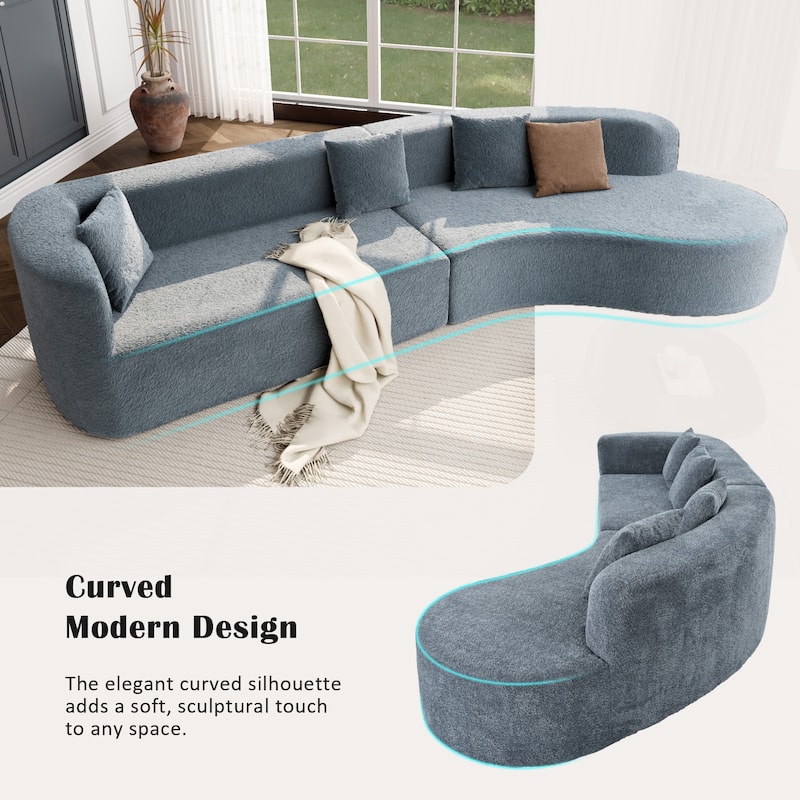 Curved Design Chenille Sectional Sofa, Modern Modular Couch with 4 Pillows, Plush Sponge and Spring Cushion, Sponge Sofa