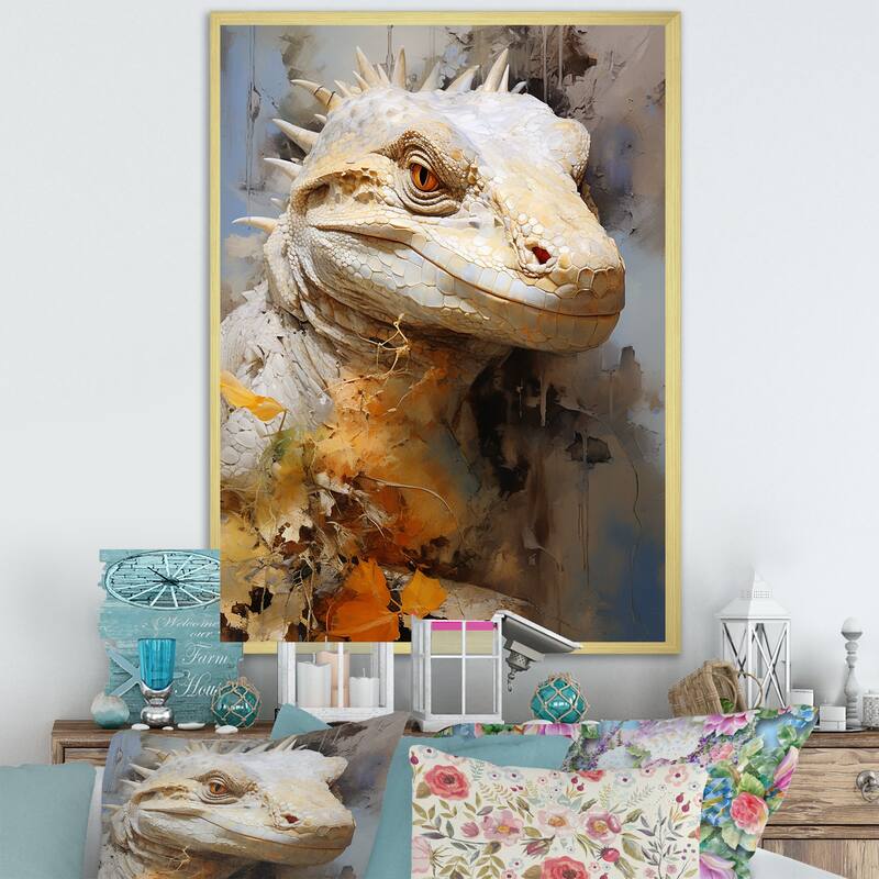 Designart "Curious Reptile Amphibian I" Reptile/Amphibian Framed Canvas Wall Art - 34 in. wide x 44 in. high - Gold