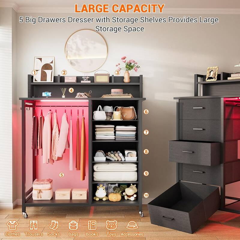 5 Drawers Dresser with Charging Station & LED Lights, Chest of Drawers with Hanging Rod ＆ Lockable Wheels ＆ Storage Shelves