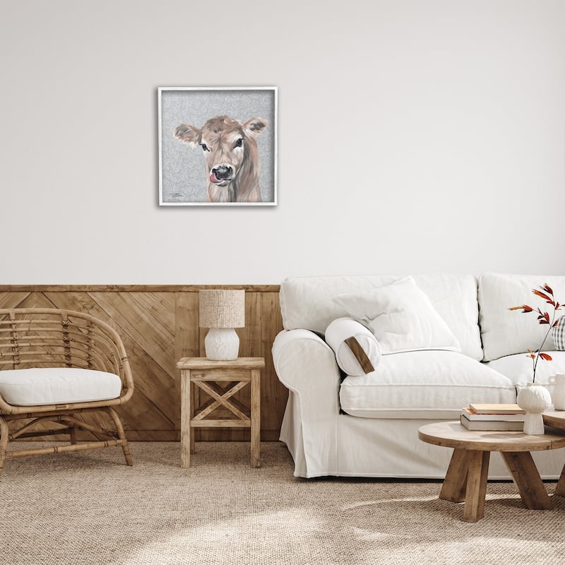 Stupell Young Calf Portrait Floral Pattern Farm Animal Framed Wall Art