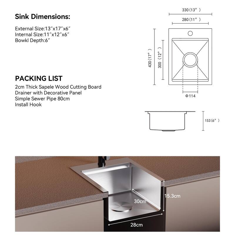 TORVA Kitchen Bar Sink, 13x17inch RV Kitchen Sink, 16 Gauge Stainless Steel Topmount Single Bowl Sink with Cutting Board