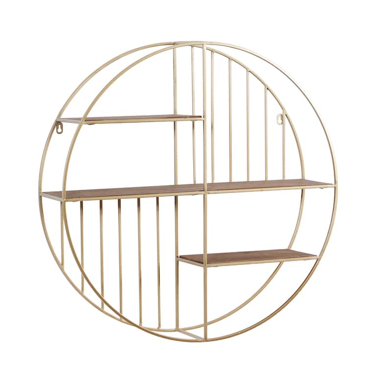 Metal Geometric Circle Wall Shelf with 3 Wood Shelves and Linear Rods - Gold - Roche River Decor - 7"W x 28"L x 28"H