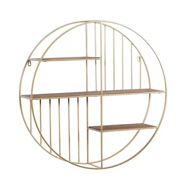 Metal Geometric Circle Wall Shelf with 3 Wood Shelves and Linear Rods - Gold - Roche River Decor - 7"W x 28"L x 28"H