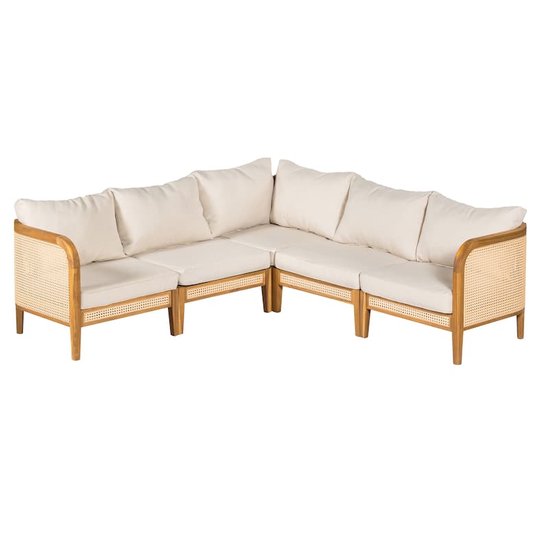 Christopher Knight Home - Peregrine V‑Shaped Acacia Wood 5 Seater Outdoor Sofa Set - Teak Finish+Beige Cushion
