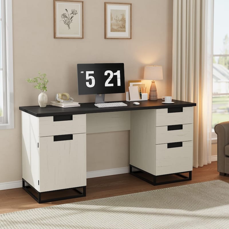 59" Farmhouse Executive Desk, Home Office Desk with File Drawer and Storage Cabinet