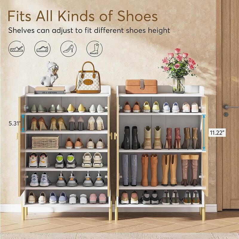 6 Tiers Shoe Cabinet Storage, Freestanding Wood Shoe Rack with Doors - 6-Tier