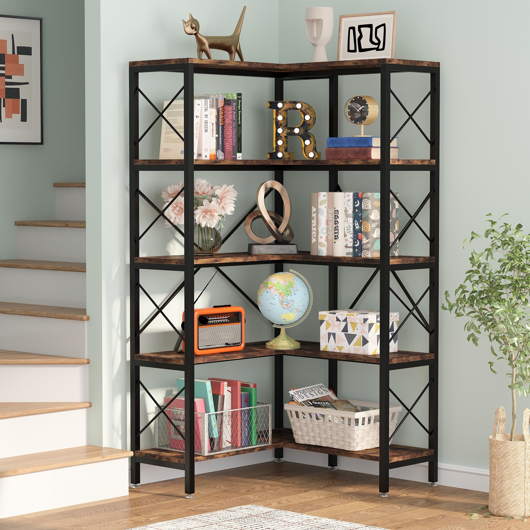 5 Shelf Corner Bookshelf Vintage Corner Shelf Stand Etagere