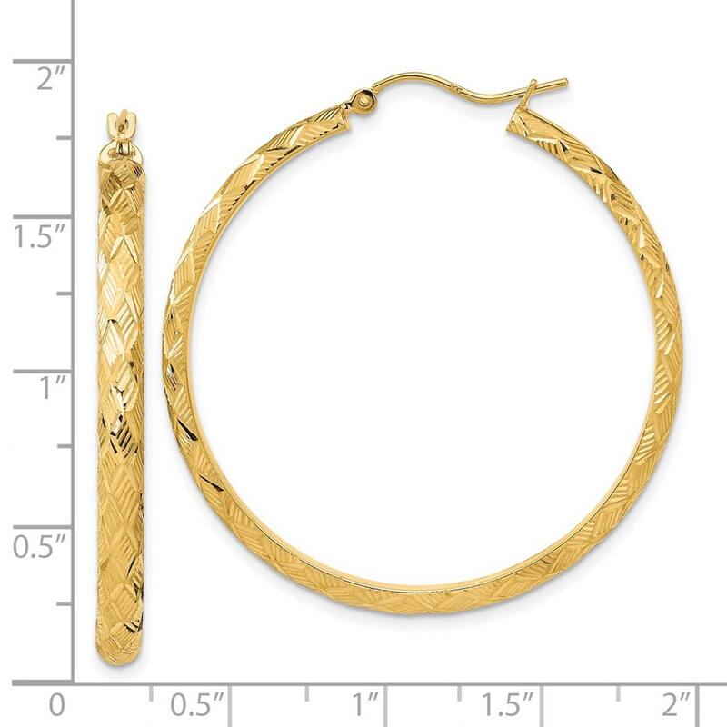 Curata 14k Yellow Gold Textured Patterned 42x3.5mm Hoop Earrings