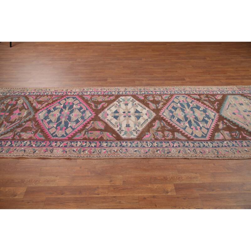 Hand Knotted Oriental 100% Wool Carpet Traditional Geometric Brown Heriz Runner Rug - 10' 11'' X 3' 9''