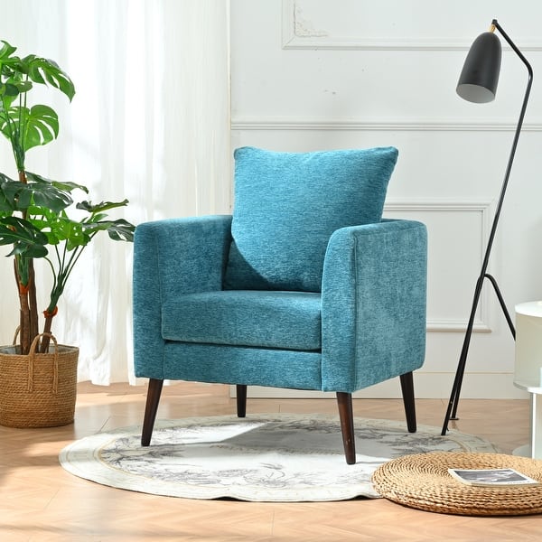 slide 2 of 9, Teal Boucle Barrel Accent Chair with Pillow – Upholstered Armchair with Wood Legs for Living Room or Bedroom Teal