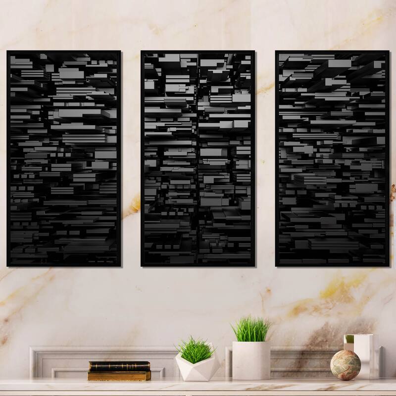 Designart "Black 3D Geometric Background" Abstract Framed Artwork Set of 3 - 4 Colors of Frames - 48 in. wide x 32 in. high - 3 Panels - Black