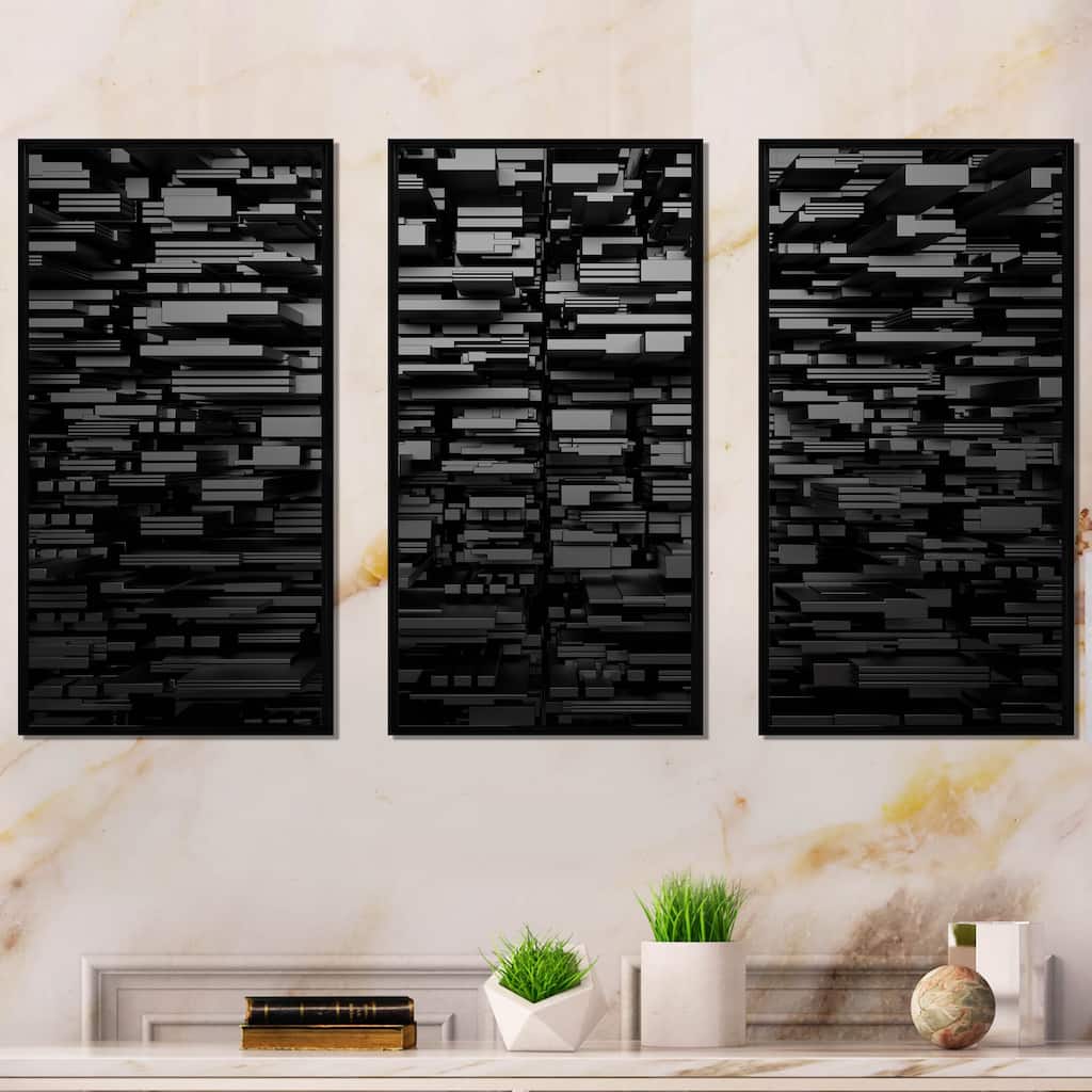 Designart "Black 3D Geometric Background" Abstract Framed Artwork Set of 3 - 4 Colors of Frames
