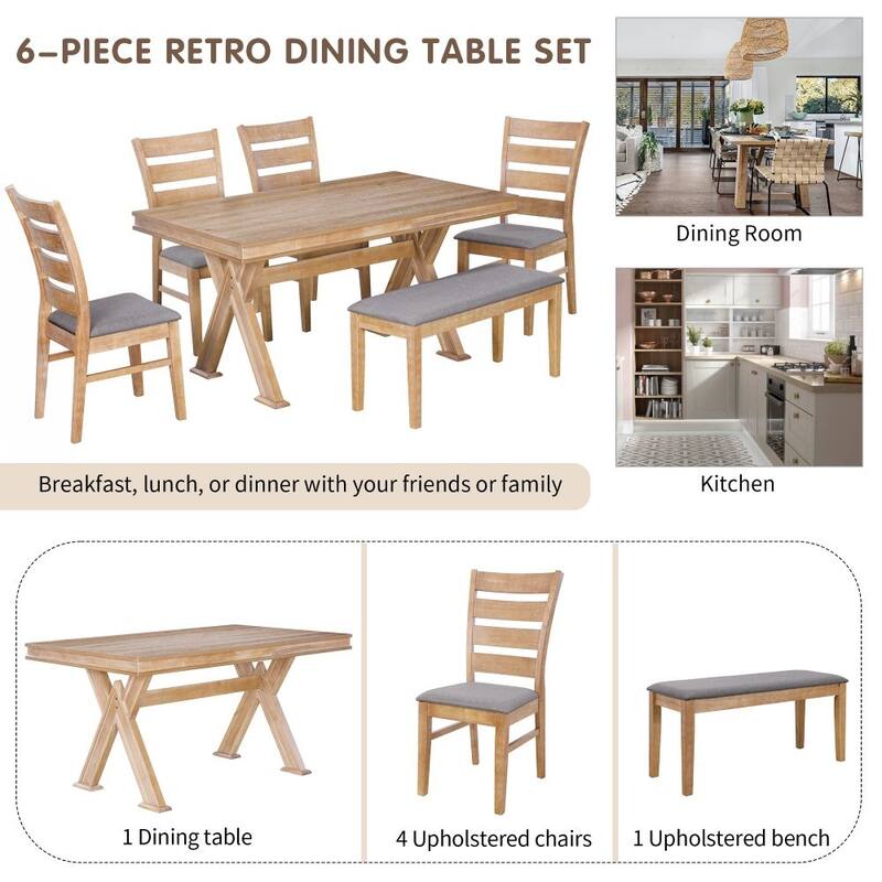 6-Piece Retro 59"L Rectangular Dining Table Set