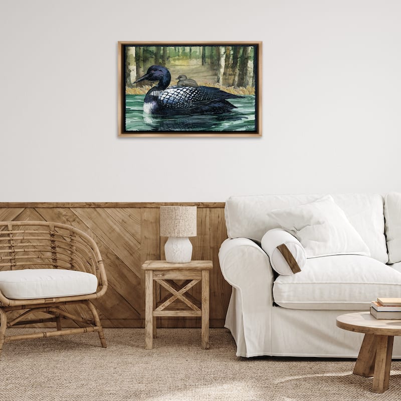Stupell Loon with Baby on Lake Framed Floater Canvas Wall Art Design By Paul Brent