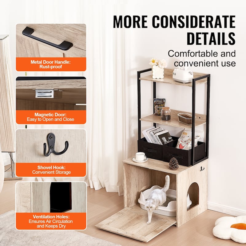 Cat Litter Box Enclosure, Hidden Litter Box Furniture with 2 Storage Shelves & 2 Baskets, Wooden Cat Washroom Indoor,