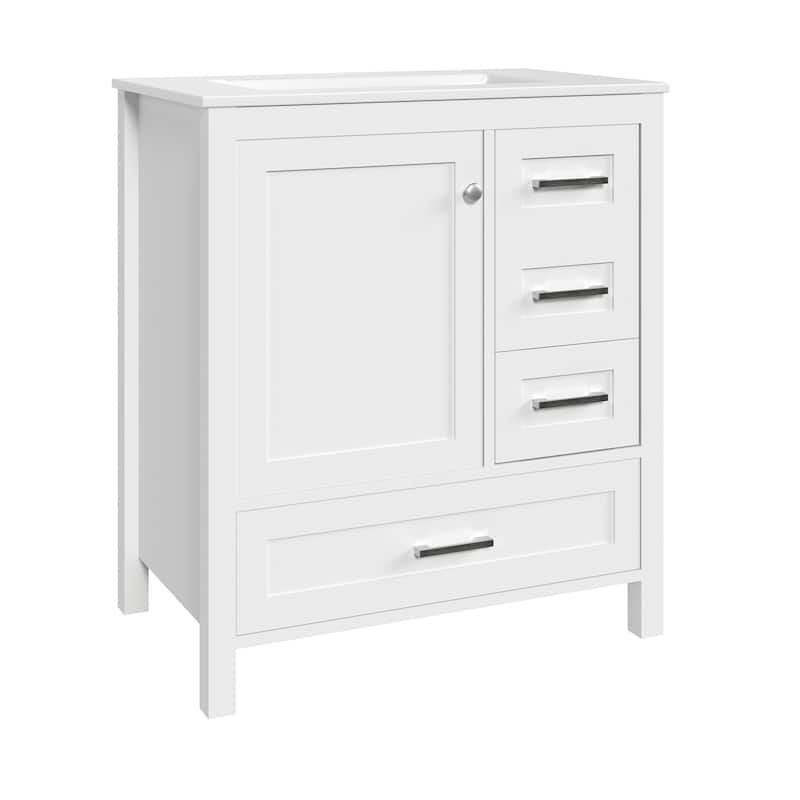 EROMMY All-in-One Bathroom Vanity with Ceramic Sink, Soft-Close Storage Cabinet & Drawer, Glossy Countertop, White