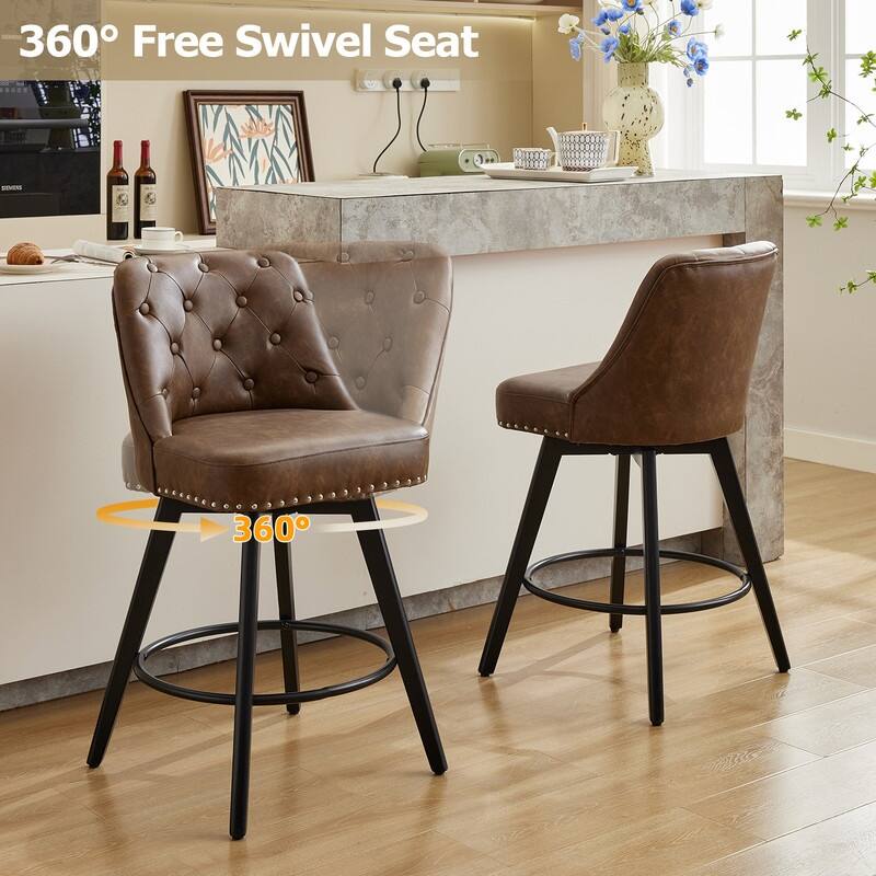 Bar Stools Set of 2, Modern Swivel Counter Height Bar Stools with Back and Wood Legs