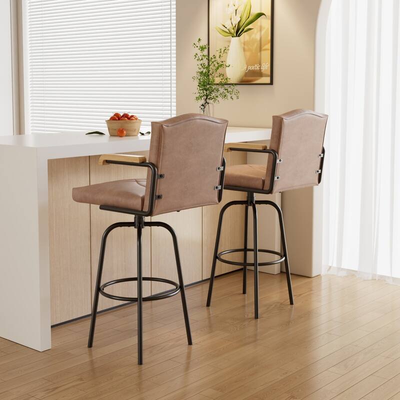 Bar Height Upholstered Bar Stools with Back PU Leather Seat and Wood Arms 30" Tall Bar Chairs 350 lb Weight Capacity