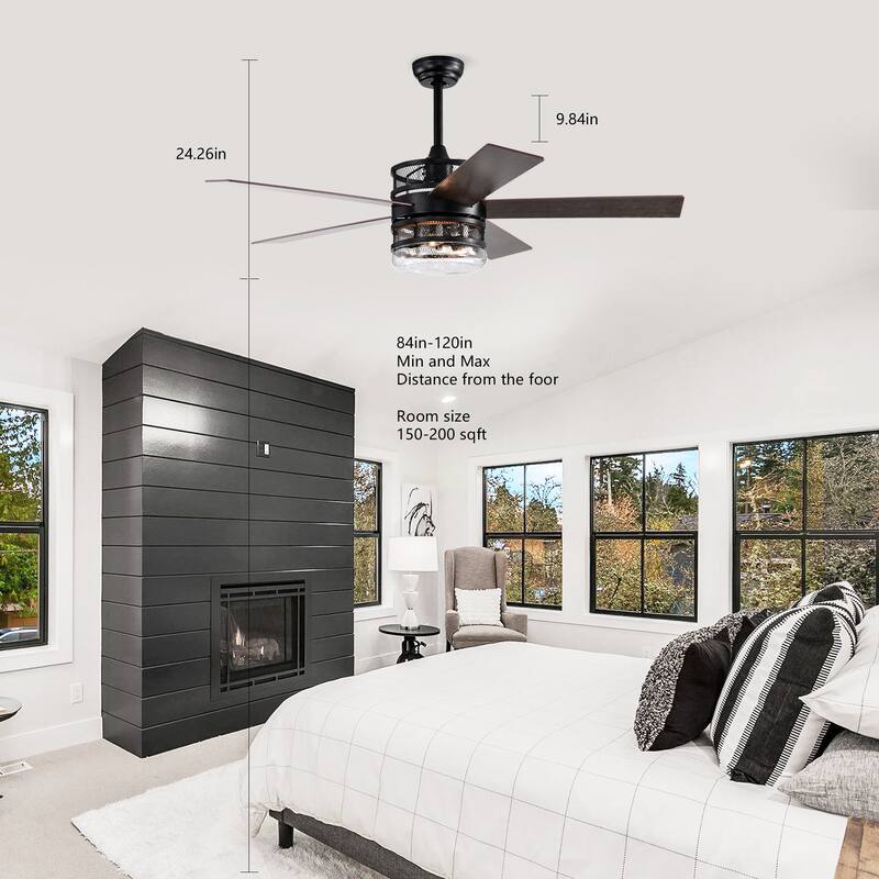 52-inch 5-blade Lighted Ceiling Fan with Remote Control,Glass Shade (Optional Remote) --Matte Black