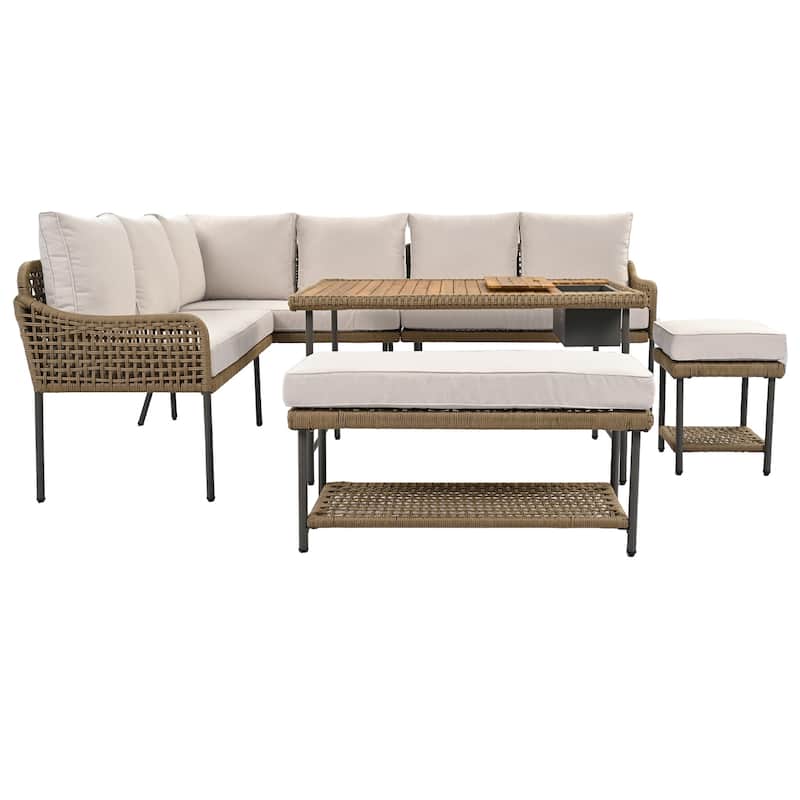 6-Piece Outdoor Patio Rope L-Shaped Sectional Sofa Set with Acacia Wood Table and Ice Box