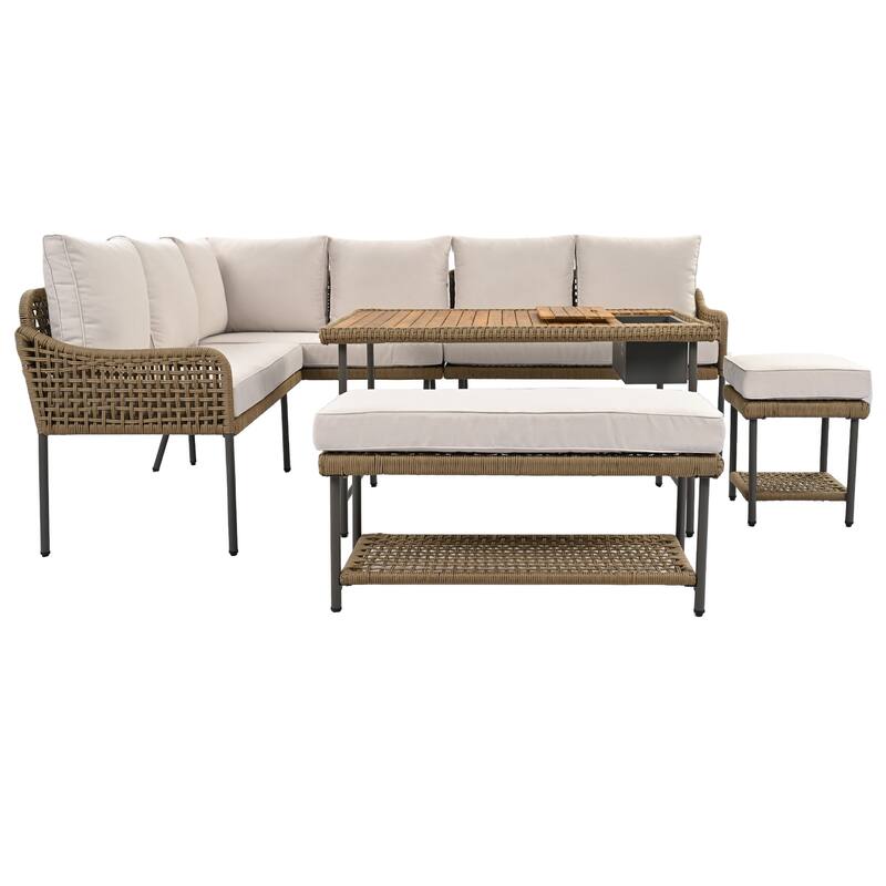 L-shape Outdoor Sectional Sofa Set 6-Piece Rope Patio Furniture Couch with Storage Coffee Table, Stools and Bench