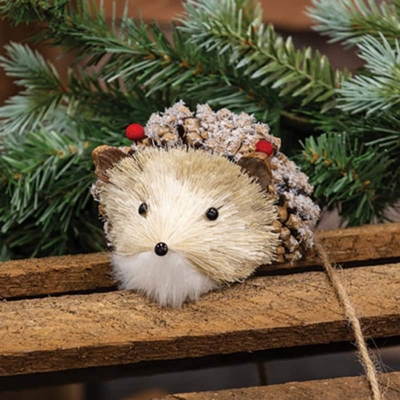 Pine Cone Hedgehog Winter Decor with White Flocking Red Berry Accents - 3” high by 4.5” wide by 4” deep - Brown