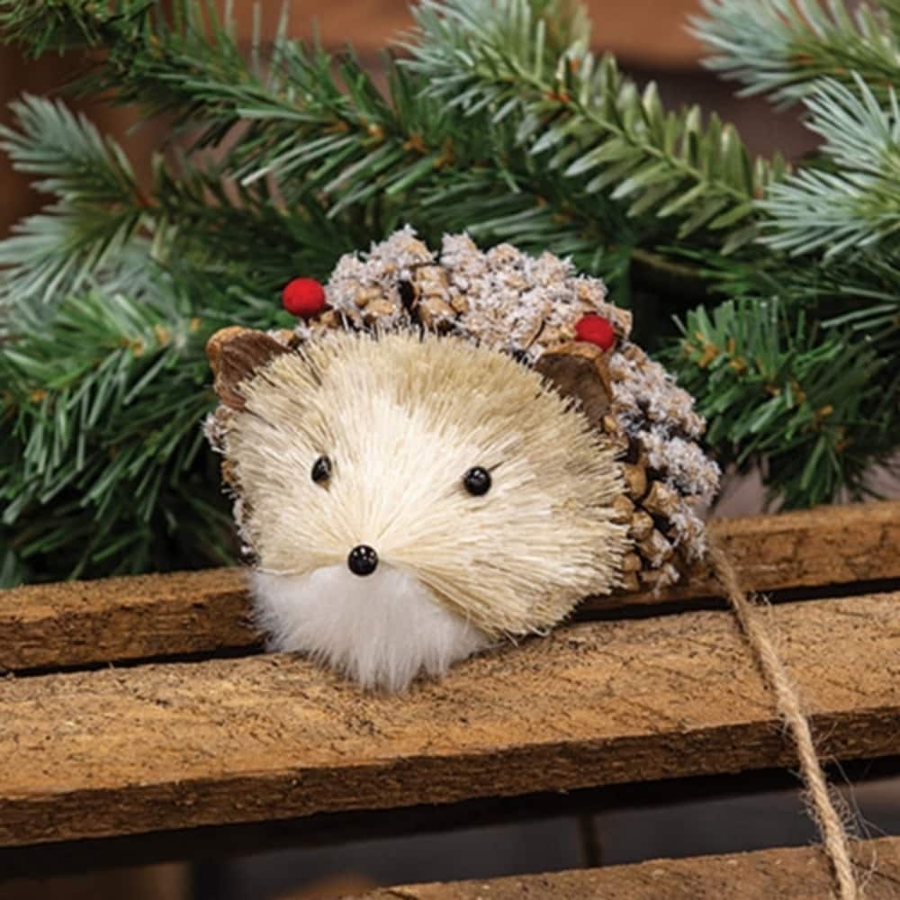 Pine Cone Hedgehog Winter Decor with White Flocking Red Berry Accents - 3” high by 4.5” wide by 4” deep