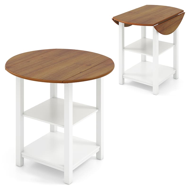 Gymax Folding Round Dining Table Drop Leaf Table w/ 2 Shelves for