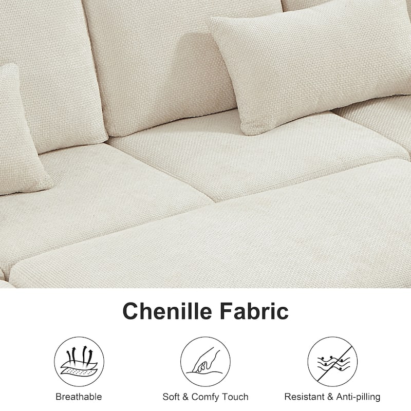 L-Shaped Chenille Sectional Sofa with Pull-Out Bed, Upholstered Convertible 7-Seater Sofa with Storage Ottoman & 2 Pillows