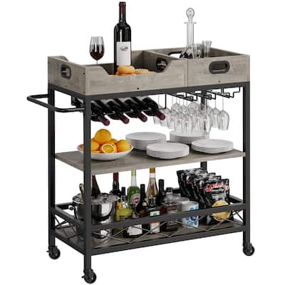 Bar Cart, 3 Tier Bar Carts for The Home,Grey Bar Cart with Wheels, Two Portable Trays, Wine Rack, Glasses Holder