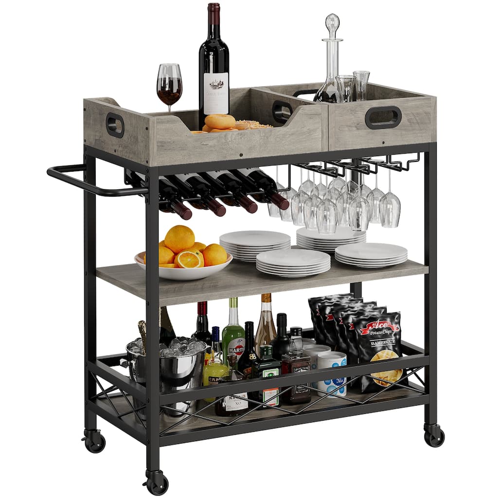 Bar Cart, 3 Tier Bar Carts for The Home,Grey Bar Cart with Wheels, Two Portable Trays, Wine Rack, Glasses Holder